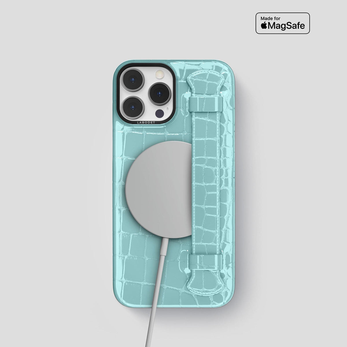 Light Blue iPhone 14 Pro Max Strap Case Shiny Alligator with Black Metal -5 | Light-Blue-Black
