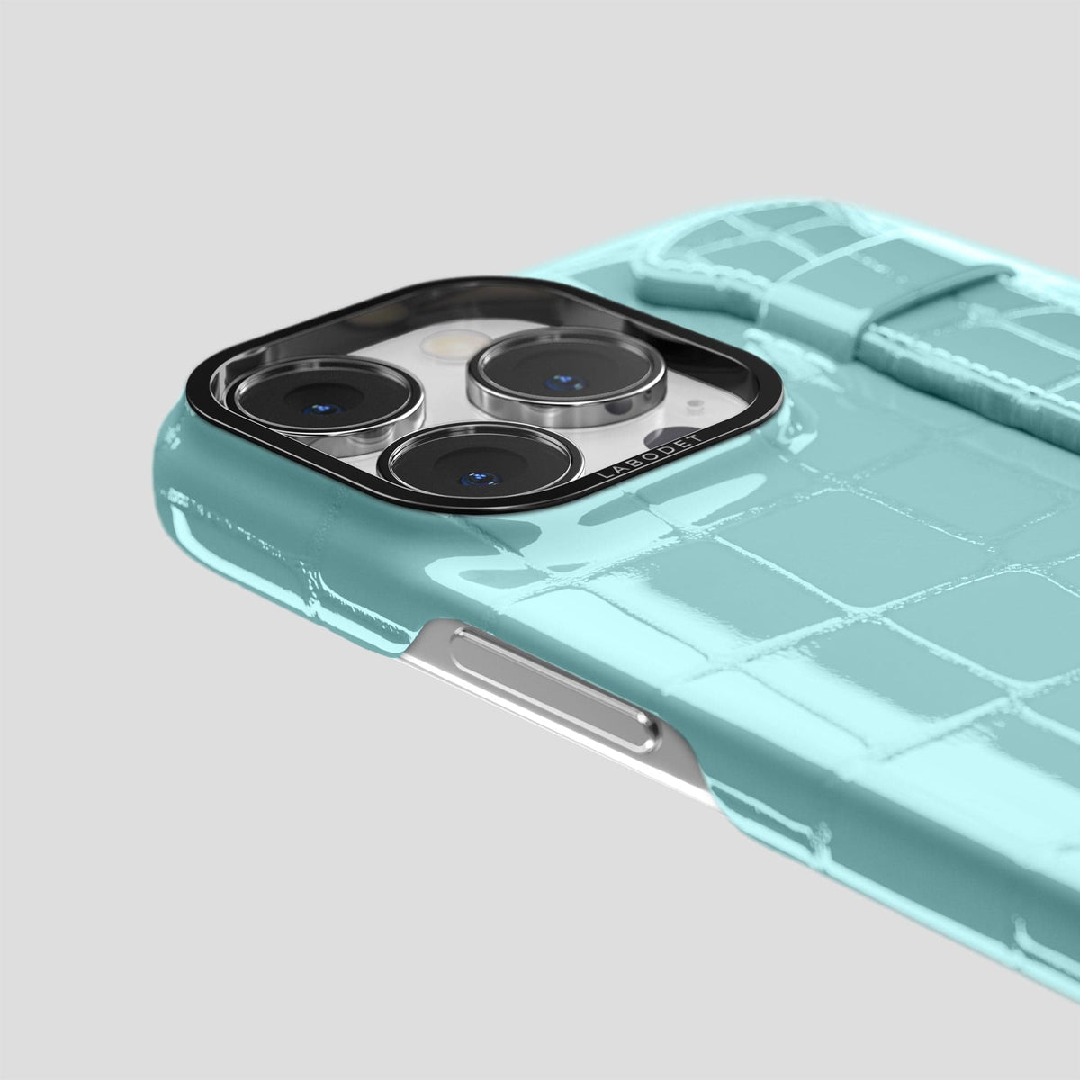 Light Blue iPhone 14 Pro Max Strap Case Shiny Alligator with Black Metal -6 | Light-Blue-Black