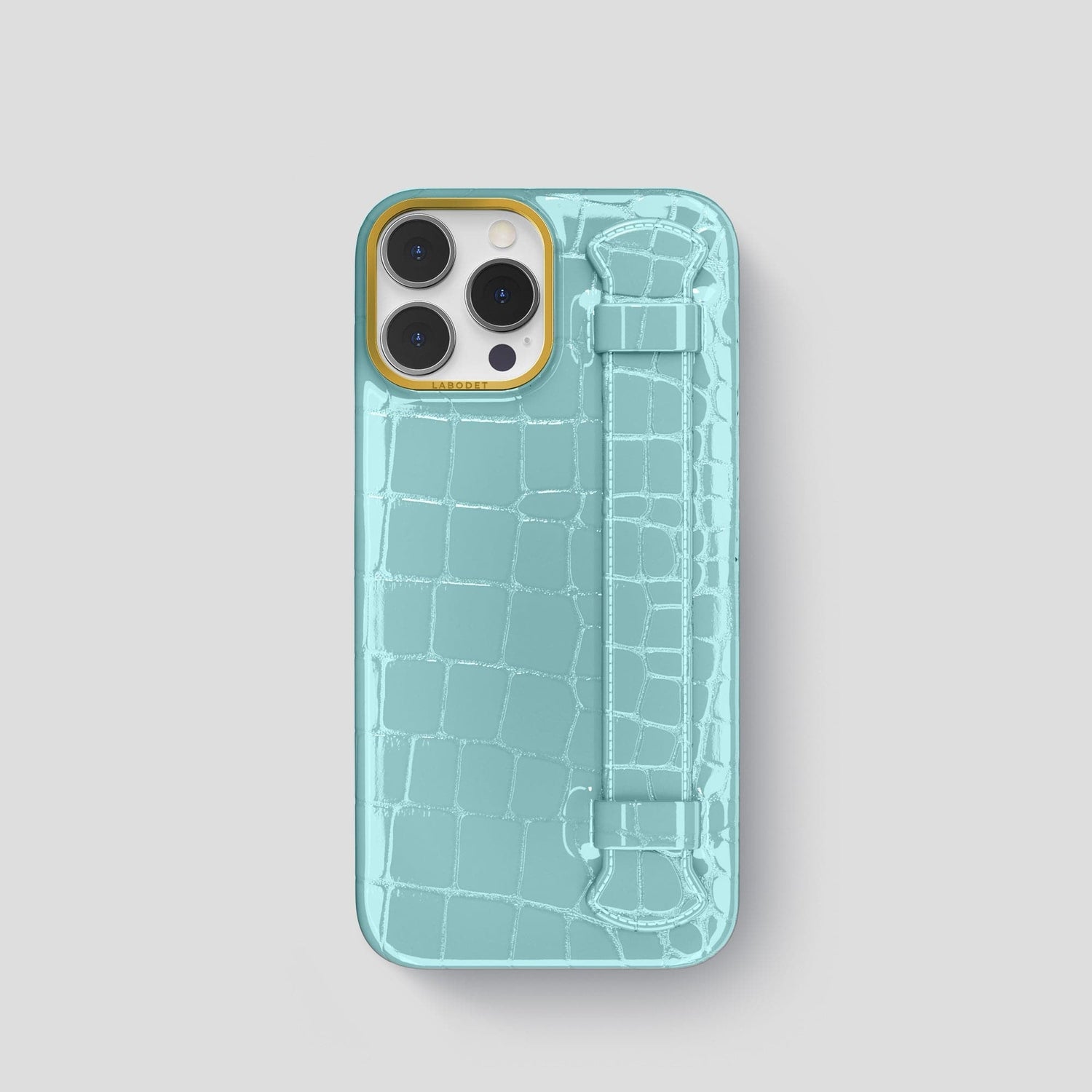 Light Blue iPhone 14 Pro Max Strap Case Shiny Alligator with Gold Metal -1 | Light-Blue-Gold