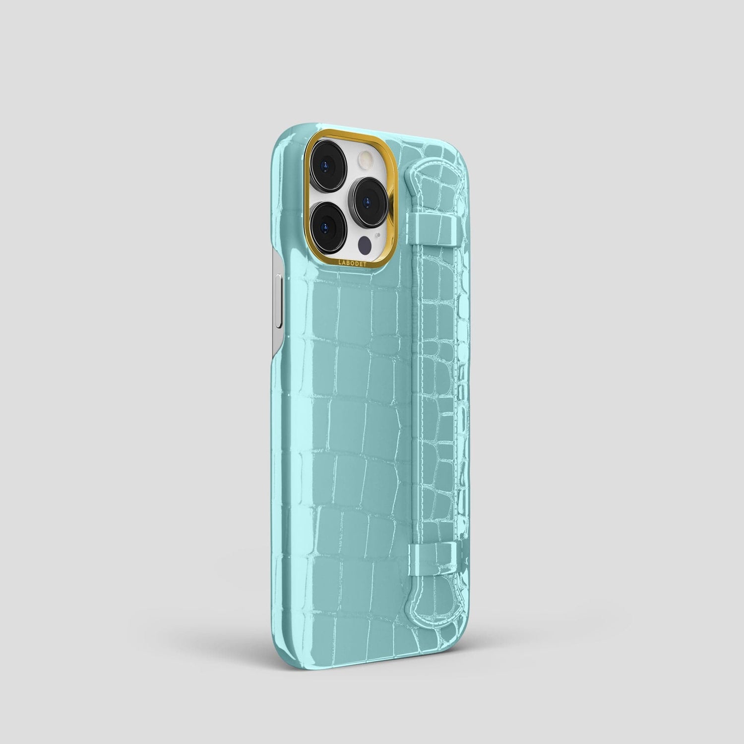 Light Blue iPhone 14 Pro Max Strap Case Shiny Alligator with Gold Metal -2 | Light-Blue-Gold