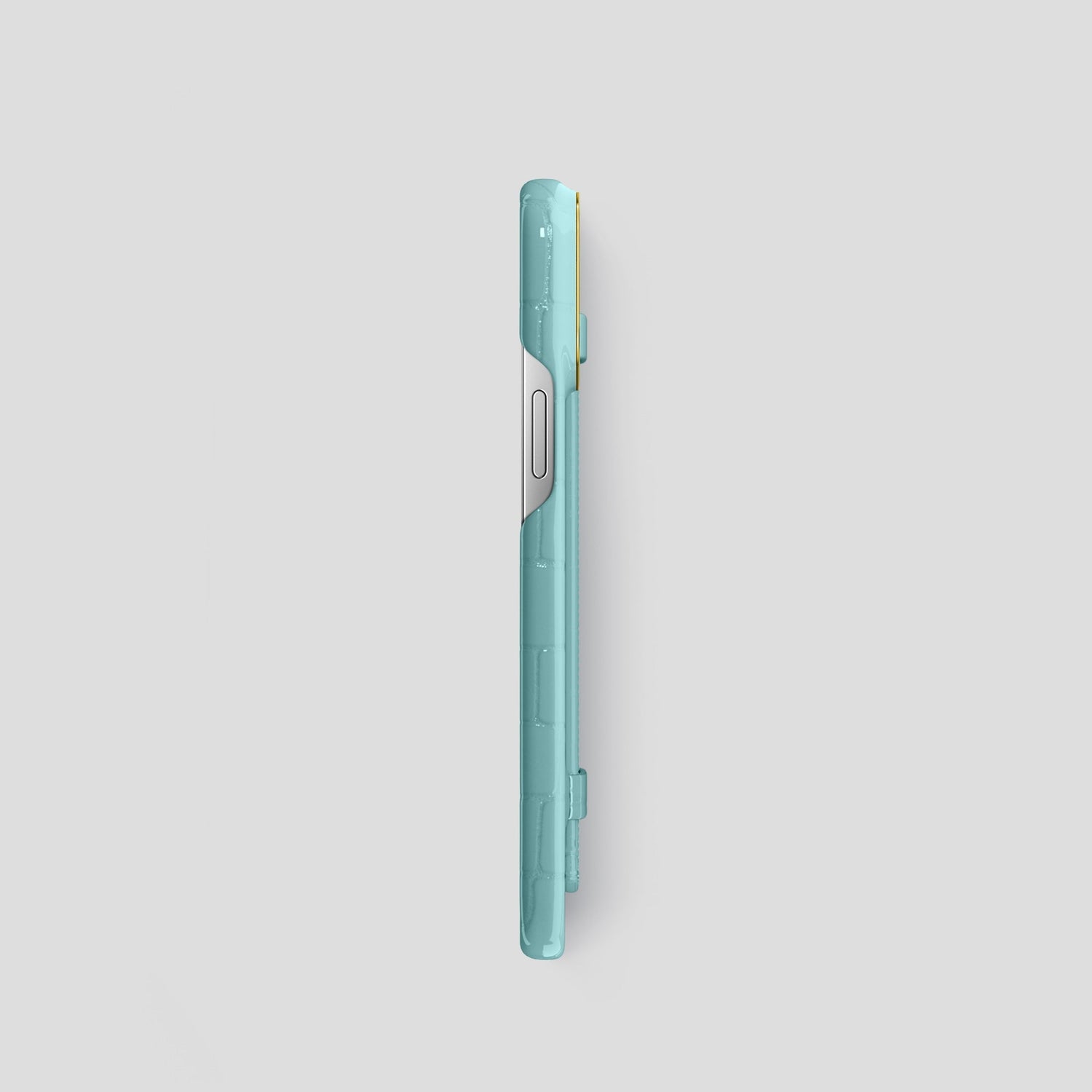 Light Blue iPhone 14 Pro Max Strap Case Shiny Alligator with Gold Metal -3 | Light-Blue-Gold