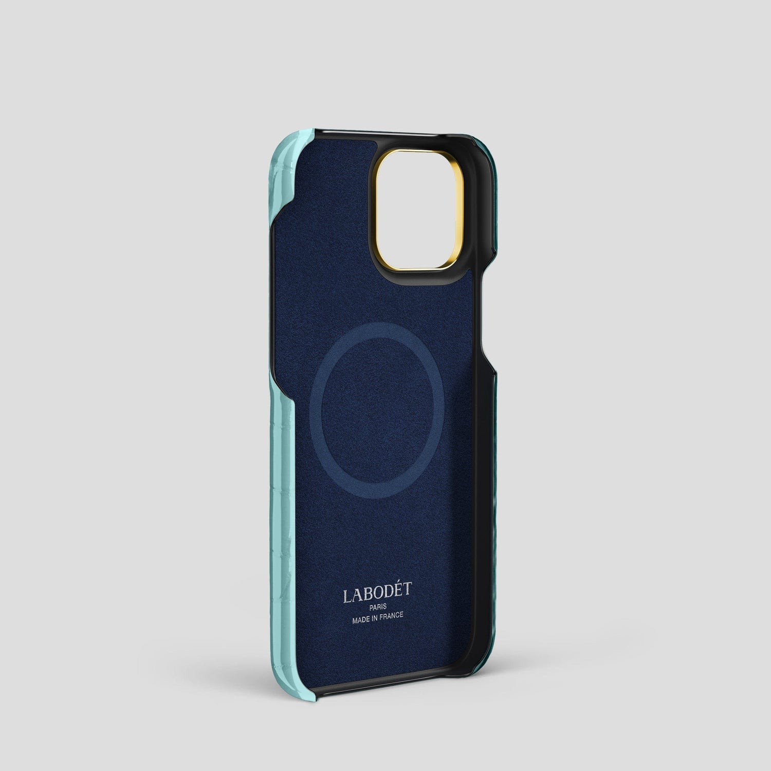 Light Blue iPhone 14 Pro Max Strap Case Shiny Alligator with Gold Metal -4 | Light-Blue-Gold