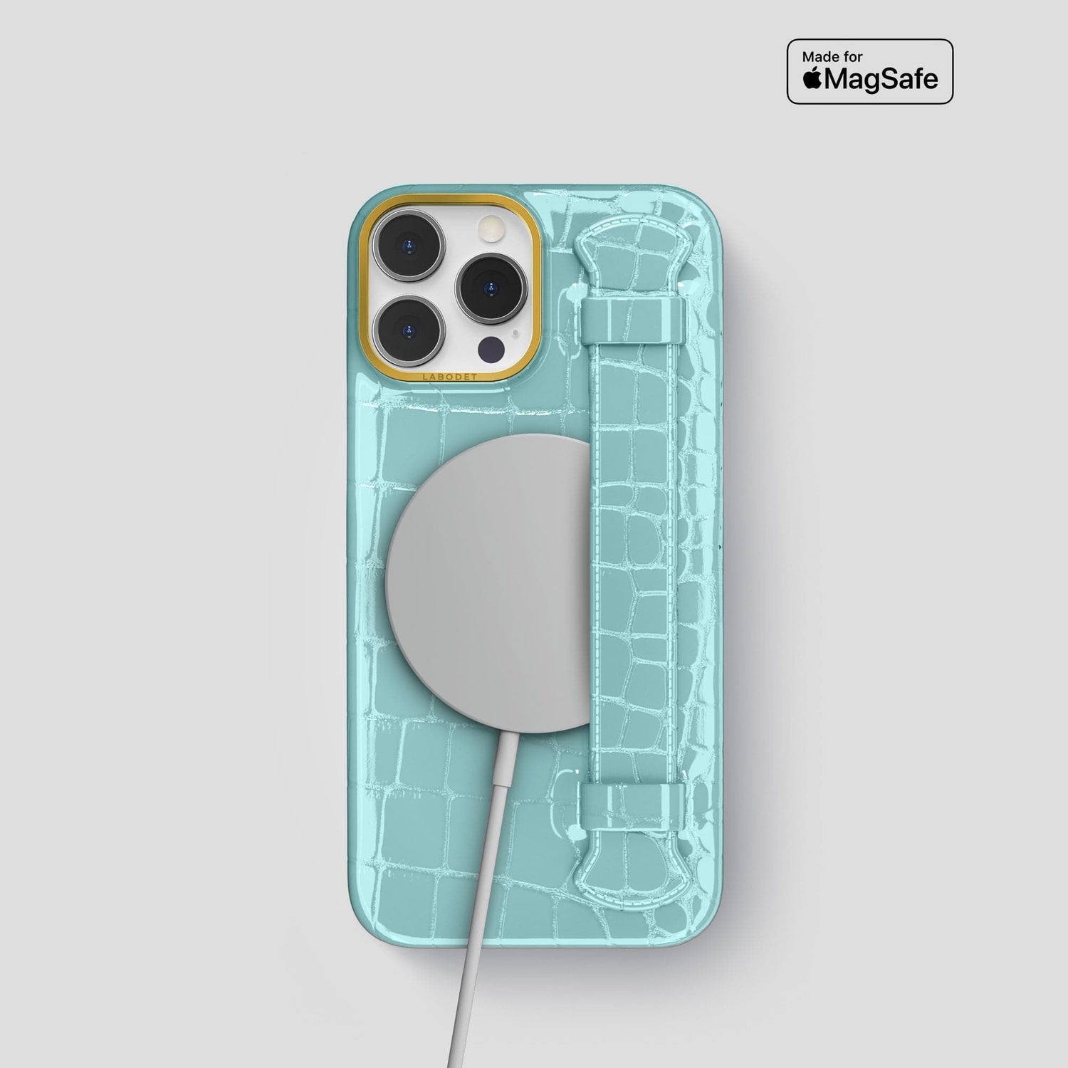Light Blue iPhone 14 Pro Max Strap Case Shiny Alligator with Gold Metal -5 | Light-Blue-Gold