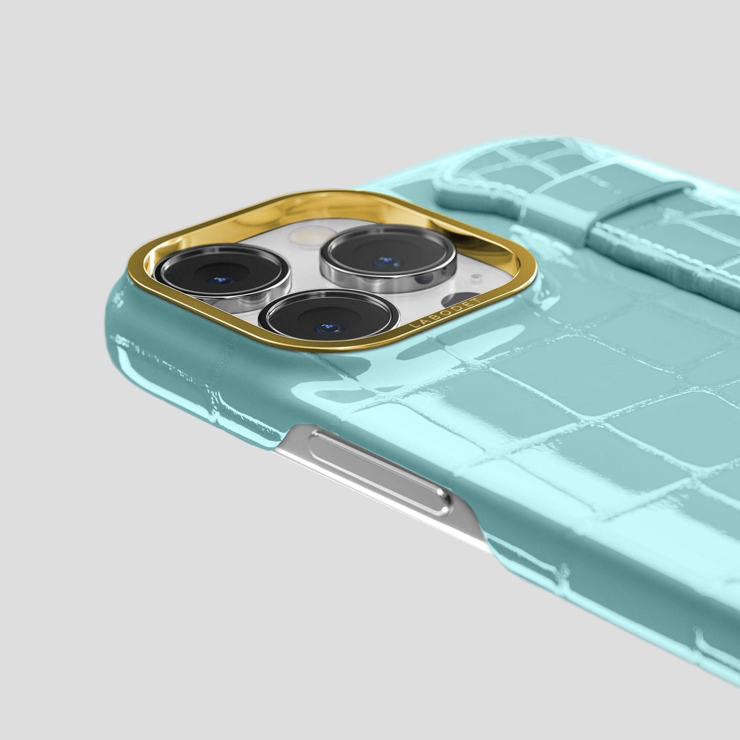 Light Blue iPhone 14 Pro Max Strap Case Shiny Alligator with Gold Metal -6 | Light-Blue-Gold
