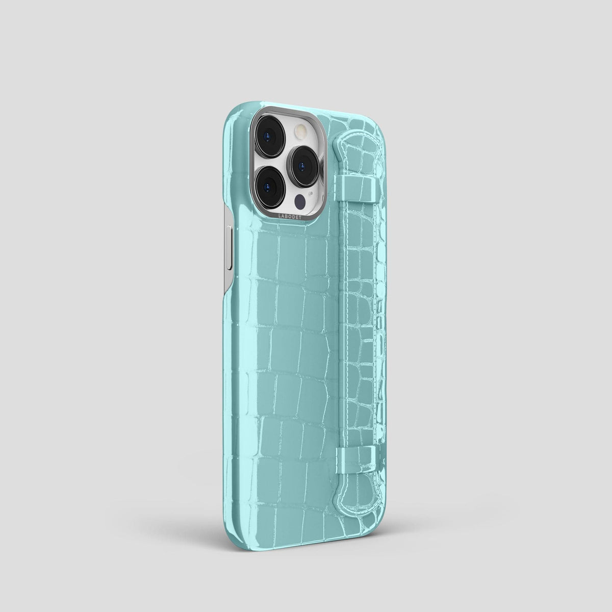 Light Blue iPhone 14 Pro Max Strap Case Shiny Alligator with Steel Metal -2 | Light-Blue-Steel