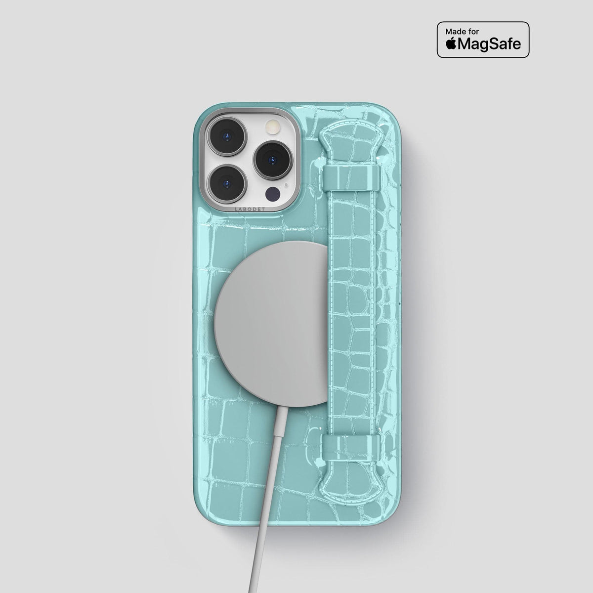 Light Blue iPhone 14 Pro Max Strap Case Shiny Alligator with Steel Metal -5 | Light-Blue-Steel