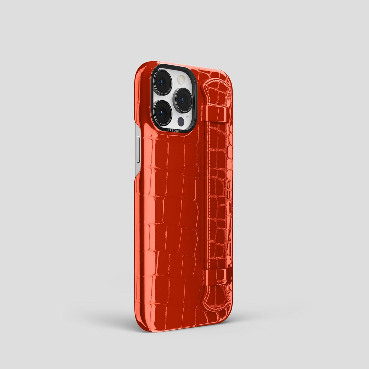 Orange iPhone 14 Pro Max Strap Case Shiny Alligator with Black Metal -2 | Orange-Black