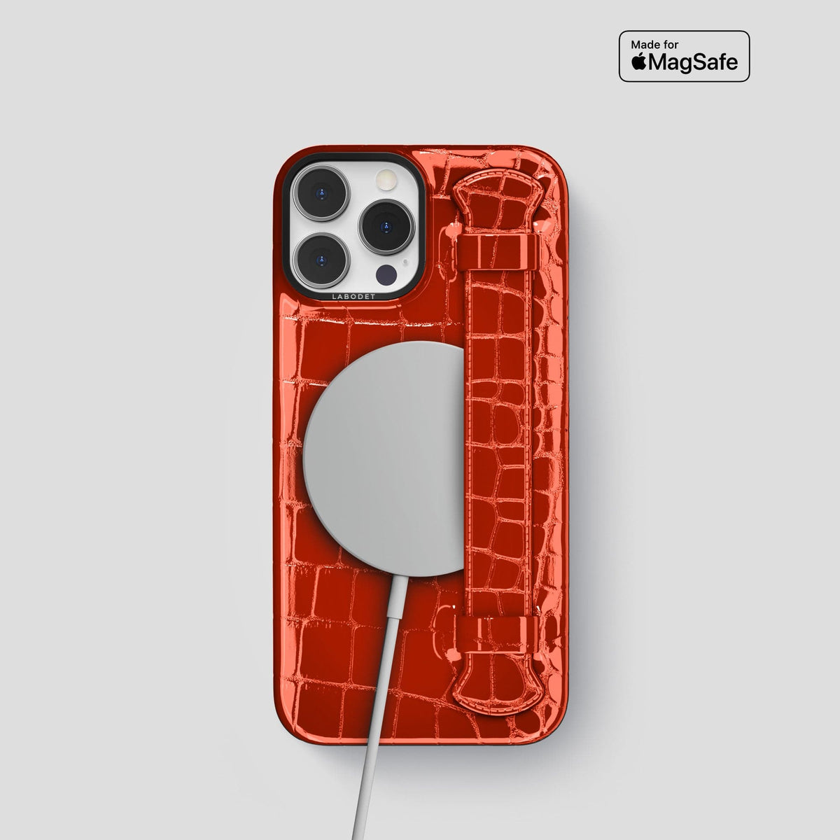 Orange iPhone 14 Pro Max Strap Case Shiny Alligator with Black Metal -5 | Orange-Black