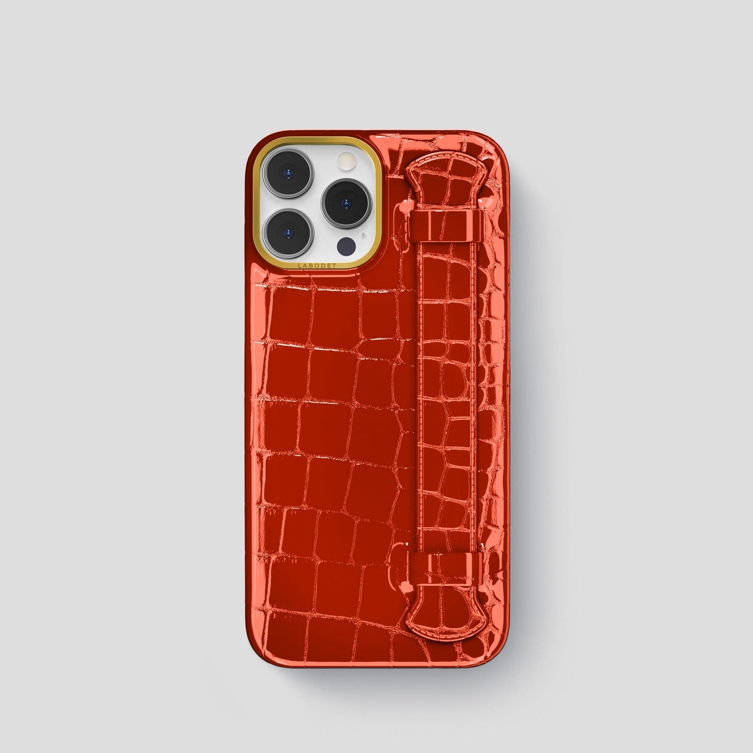 Orange iPhone 14 Pro Max Strap Case Shiny Alligator with Gold Metal -1 | Orange-Gold