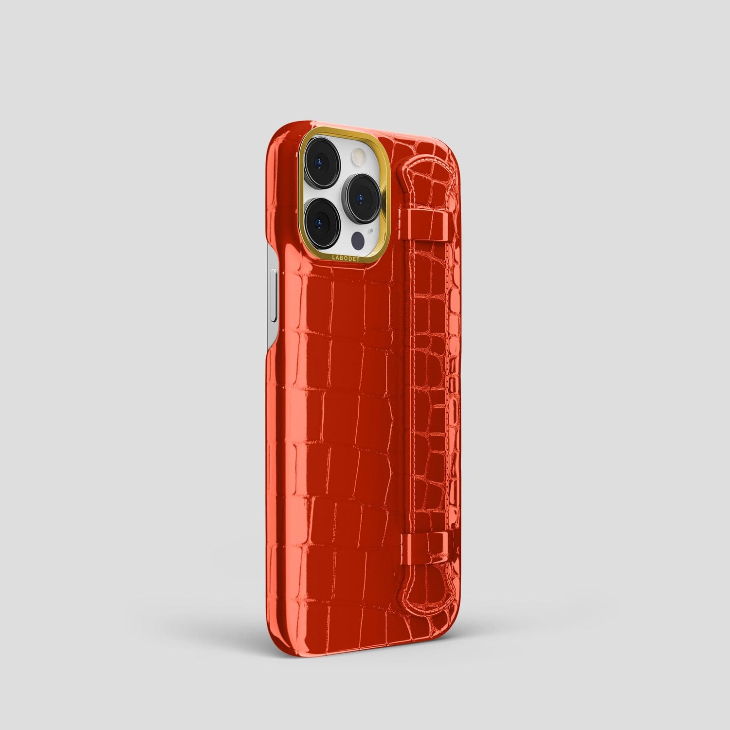 Orange iPhone 14 Pro Max Strap Case Shiny Alligator with Gold Metal -2 | Orange-Gold