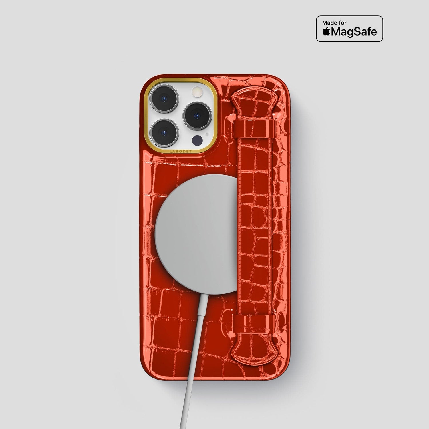 Orange iPhone 14 Pro Max Strap Case Shiny Alligator with Gold Metal -5 | Orange-Gold