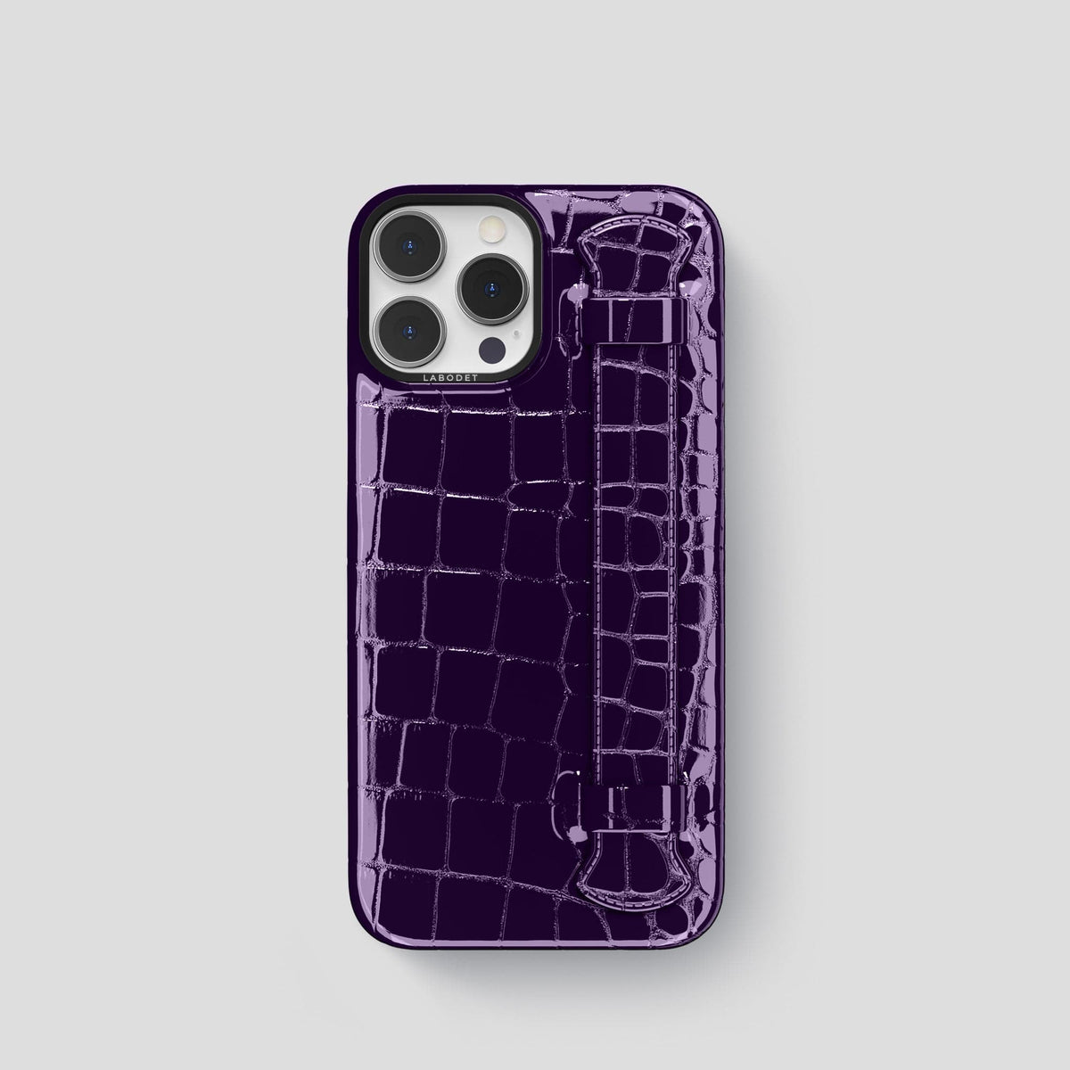 Purple iPhone 14 Pro Max Strap Case Shiny Alligator with Black Metal -1 | Purple-Black