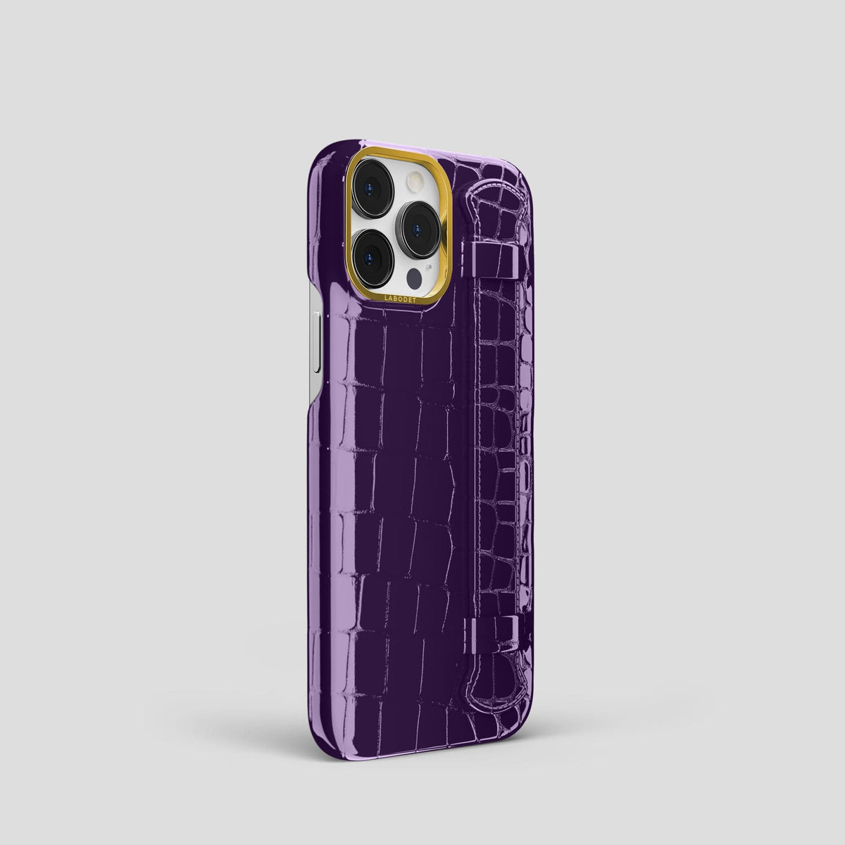Purple iPhone 14 Pro Max Strap Case Shiny Alligator with Gold Metal -2 | Purple-Gold