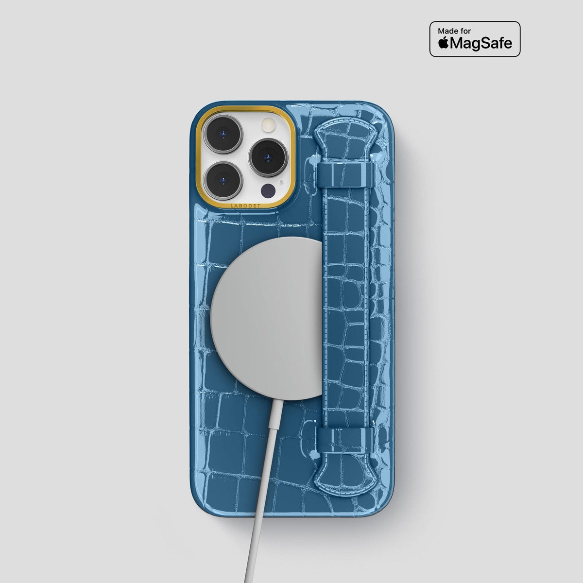 Turquoise-Blue iPhone 14 Pro Max Strap Case Shiny Alligator with Gold Metal -5 | Turqoise-Blue-Gold