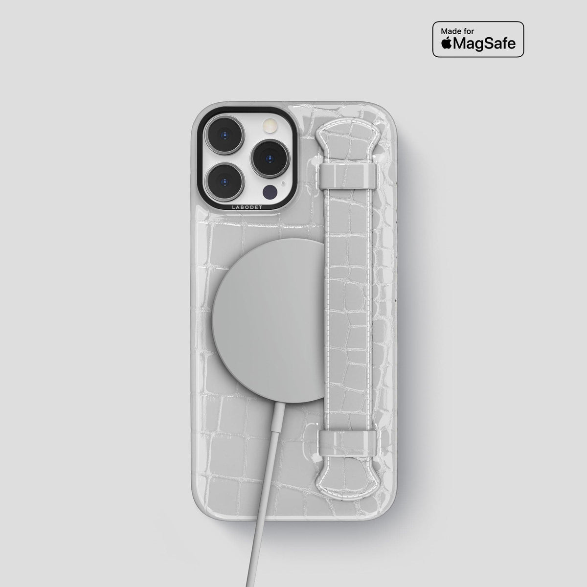 White iPhone 14 Pro Max Strap Case Shiny Alligator with Black Metal -5 | White-Black