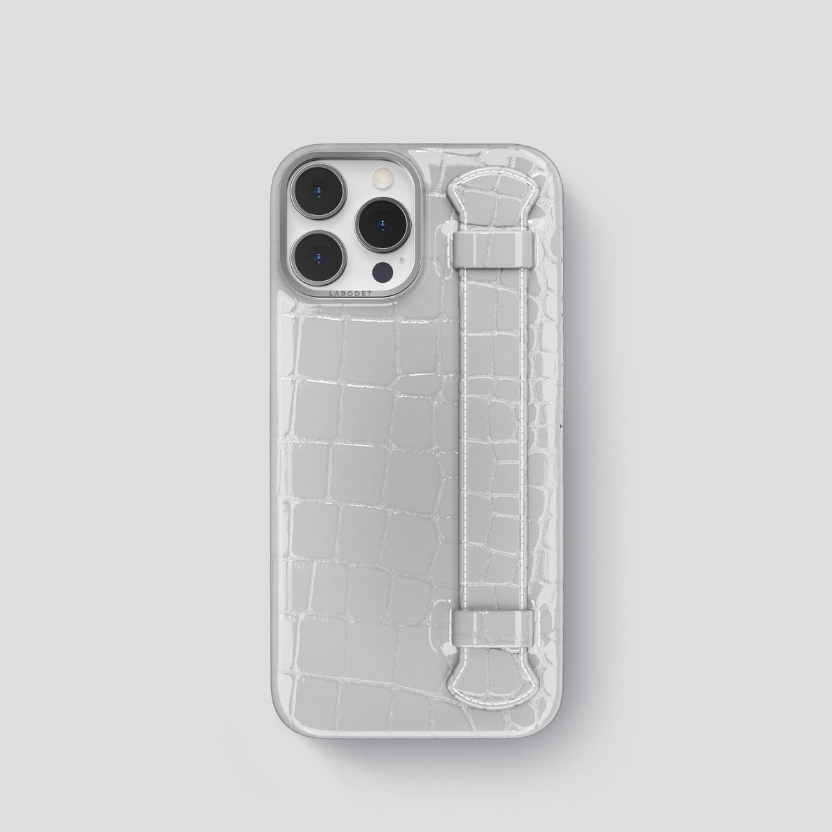 White iPhone 14 Pro Max Strap Case Shiny Alligator with Steel Metal -1 | White-Steel
