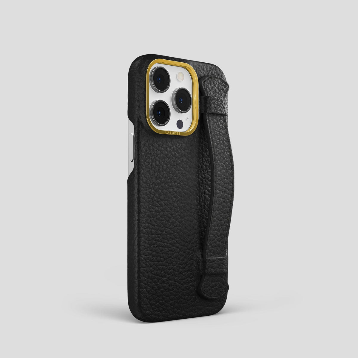 Black iPhone 15 Pro Strap Case Calf with Gold Metal -2 | Black-Gold