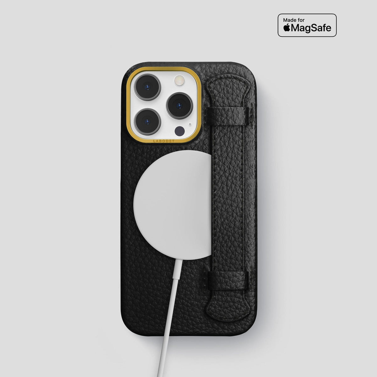 Black iPhone 15 Pro Strap Case Calf with Gold Metal -5 | Black-Gold