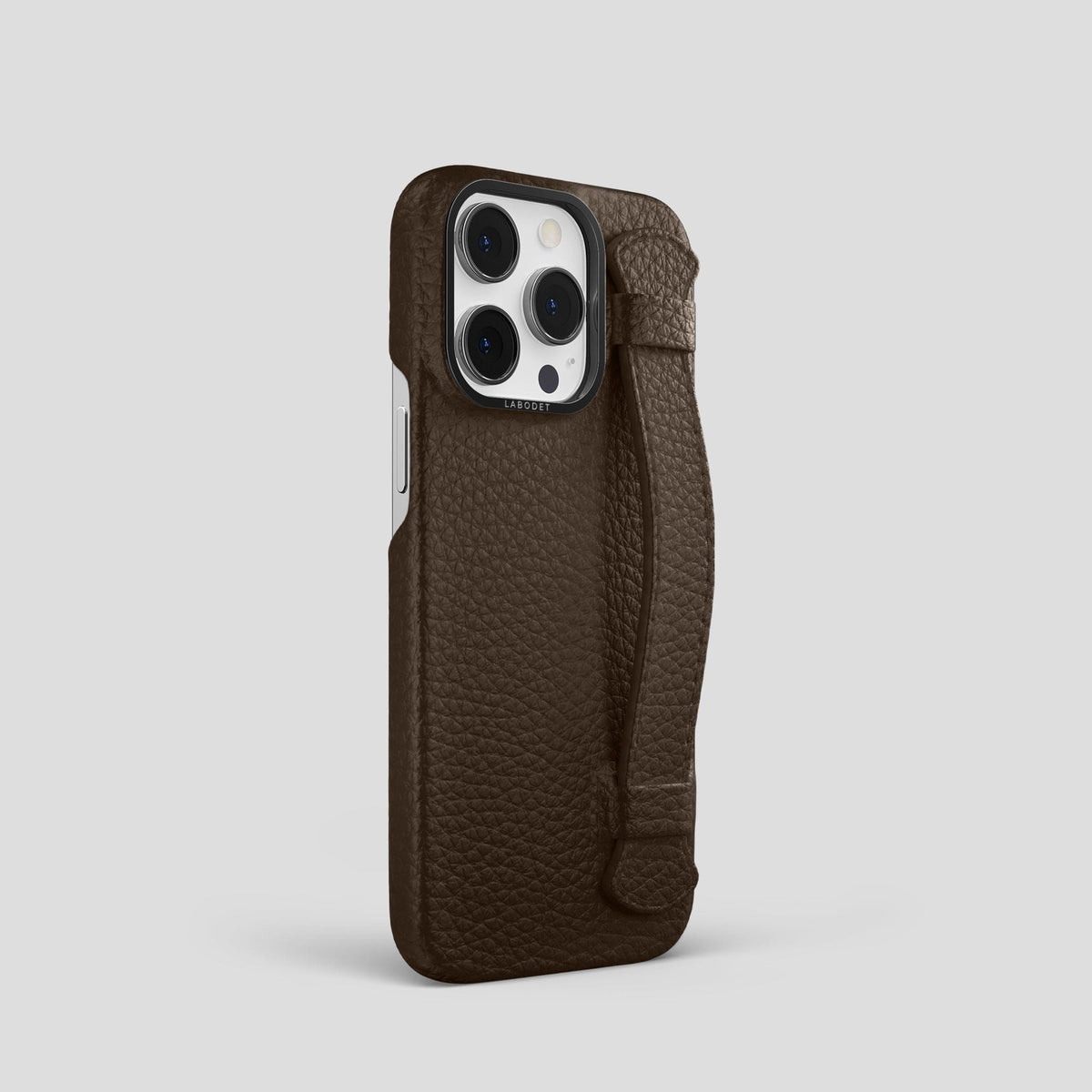 Dark Brown iPhone 15 Pro Strap Case Calf with Black Metal -2 | Dark-Brown-Black
