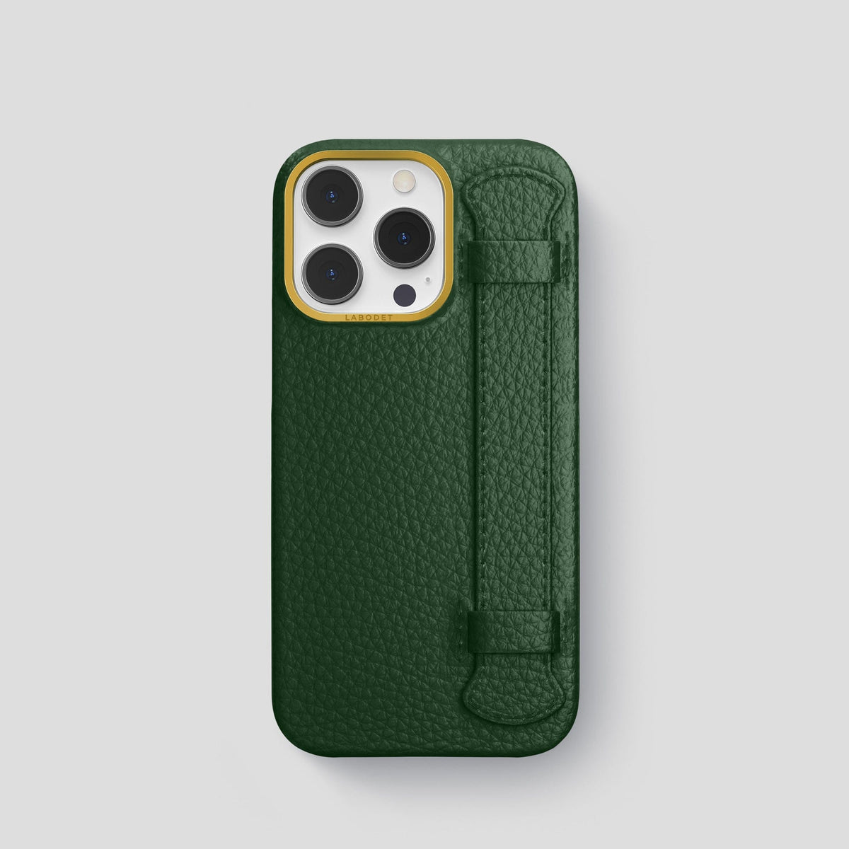 Dark Green iPhone 15 Pro Strap Case Calf with Gold Metal -1 | Dark-Green-Gold