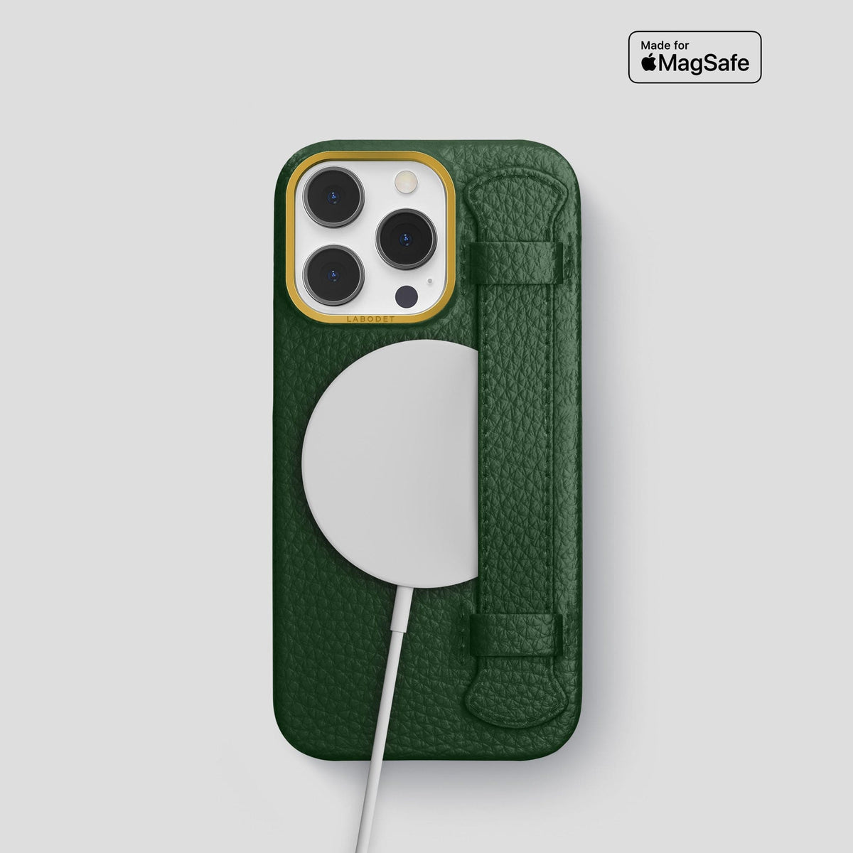 Dark Green iPhone 15 Pro Strap Case Calf with Gold Metal -5 | Dark-Green-Gold