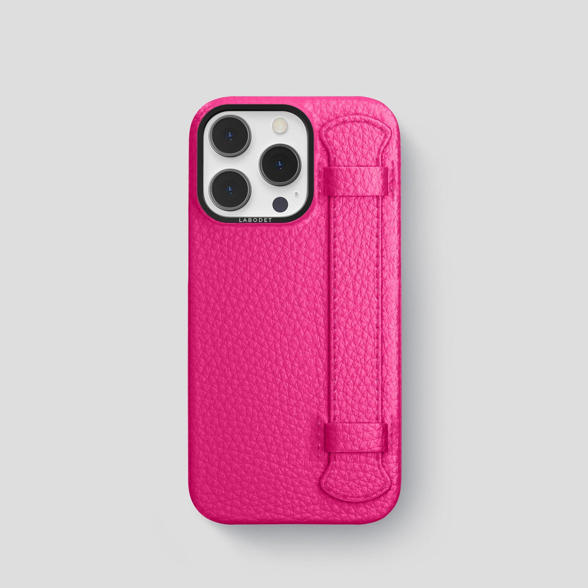 Magenta iPhone 15 Pro Strap Case Calf with Black Metal -1 | Magenta-Black