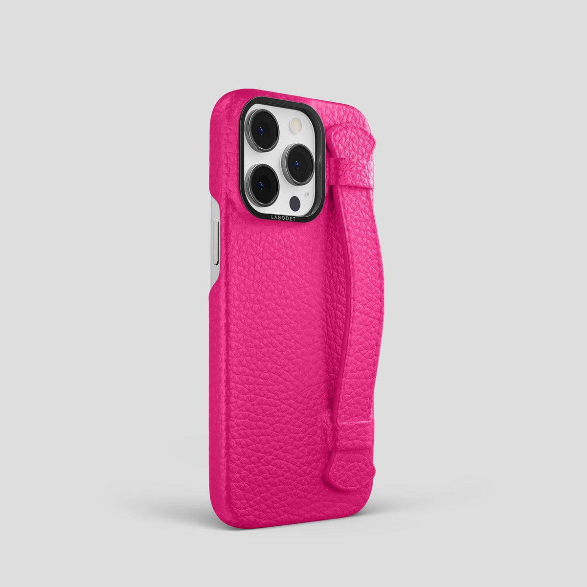 Magenta iPhone 15 Pro Strap Case Calf with Black Metal -2 | Magenta-Black