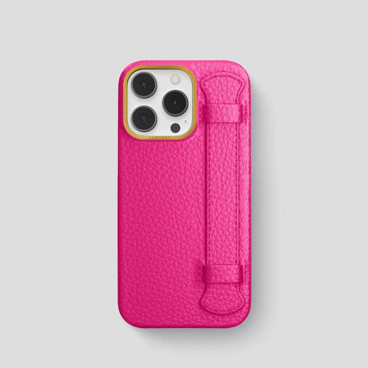 Magenta iPhone 15 Pro Strap Case Calf with Gold Metal -1 | Magenta-Gold