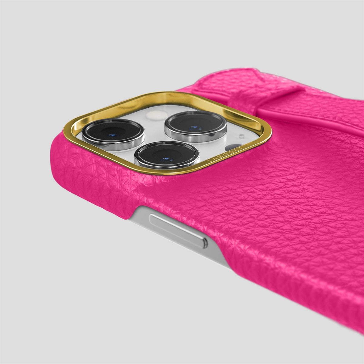 Magenta iPhone 15 Pro Strap Case Calf with Gold Metal -6 | Magenta-Gold