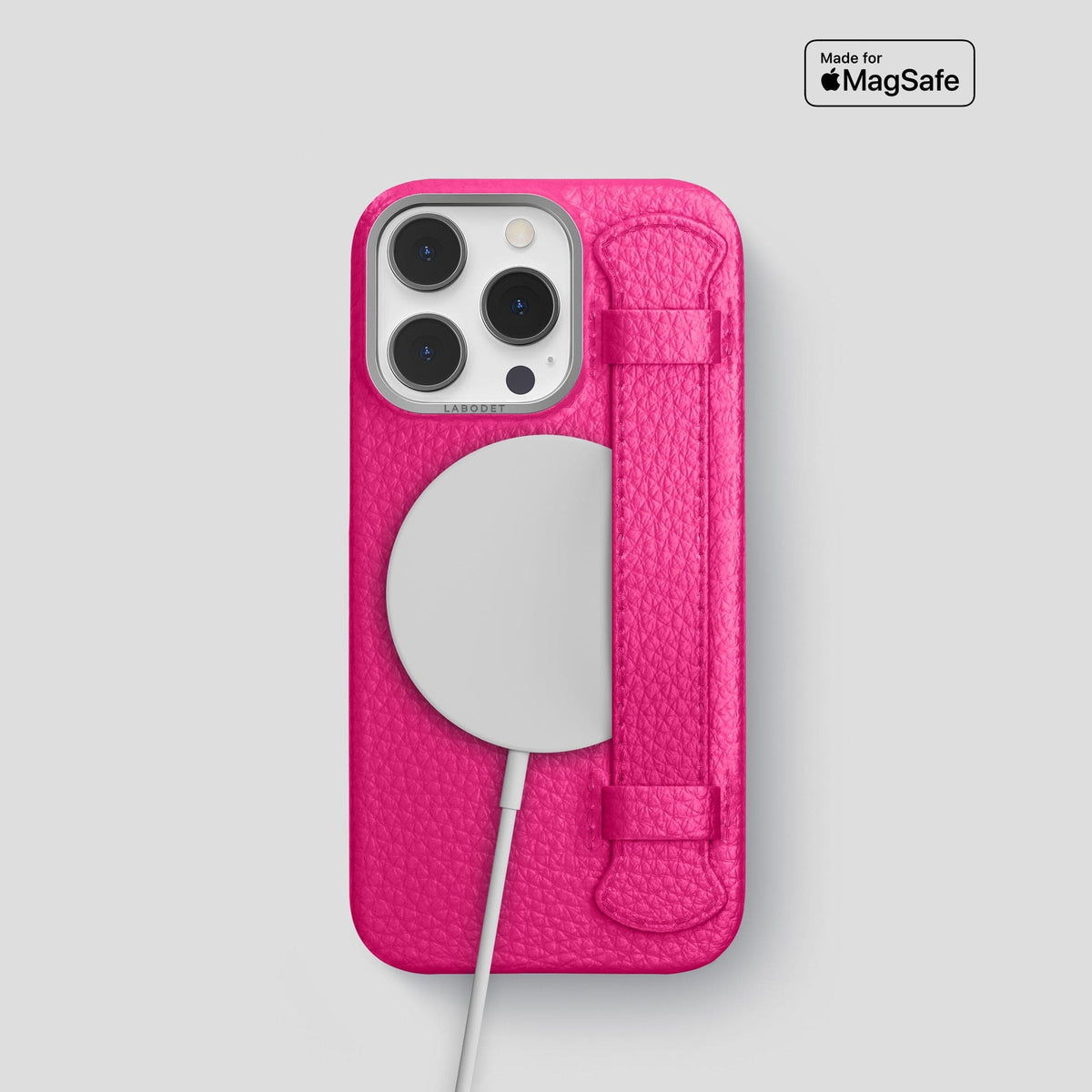 Magenta iPhone 15 Pro Strap Case Calf with Steel Metal -5 | Magenta-Steel