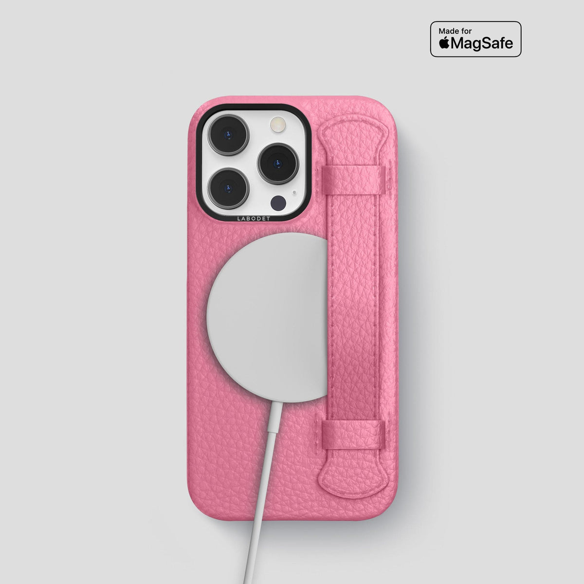 Pink iPhone 15 Pro Strap Case Calf with Black Metal -5 | Pink-Black