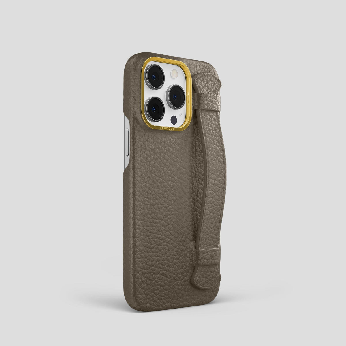 Taupe iPhone 15 Pro Strap Case Calf with Gold Metal -2 | Taupe-Gold