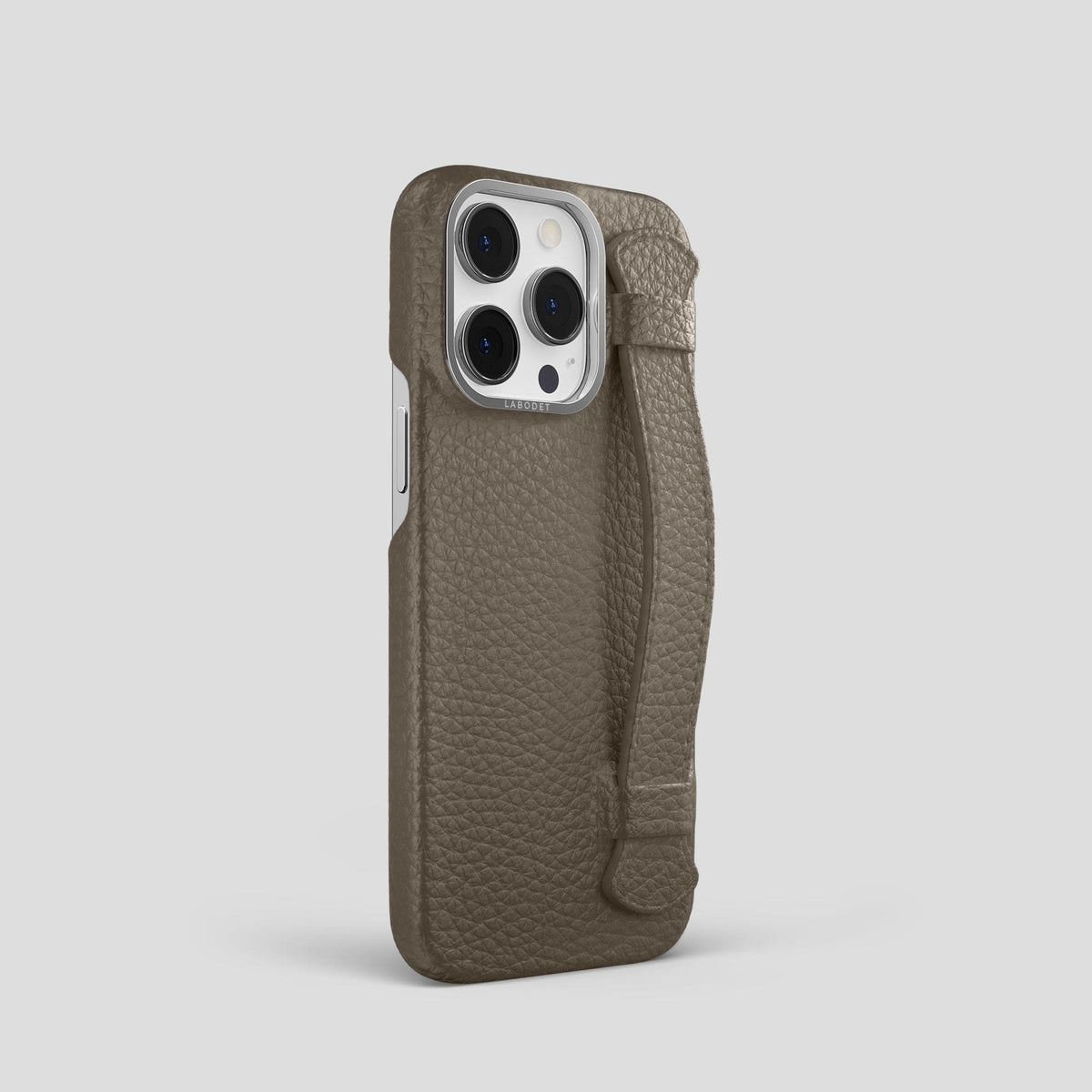 Taupe iPhone 15 Pro Strap Case Calf with Steel Metal -2 | Taupe-Steel