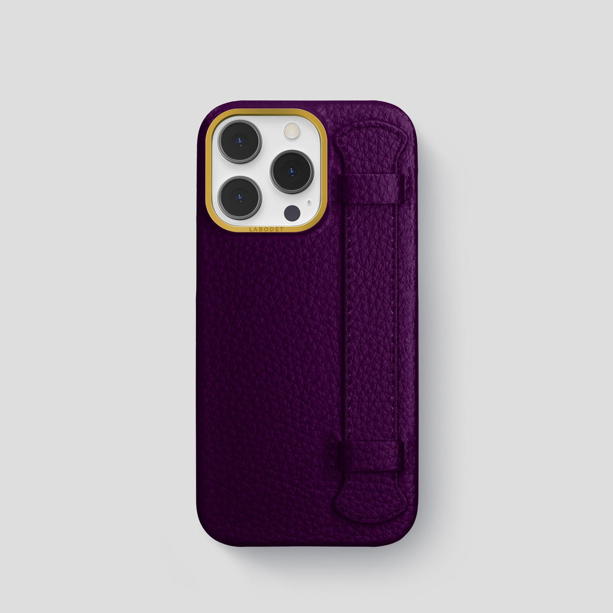 Violet iPhone 15 Pro Strap Case Calf with Gold Metal -1 | Violet-Gold