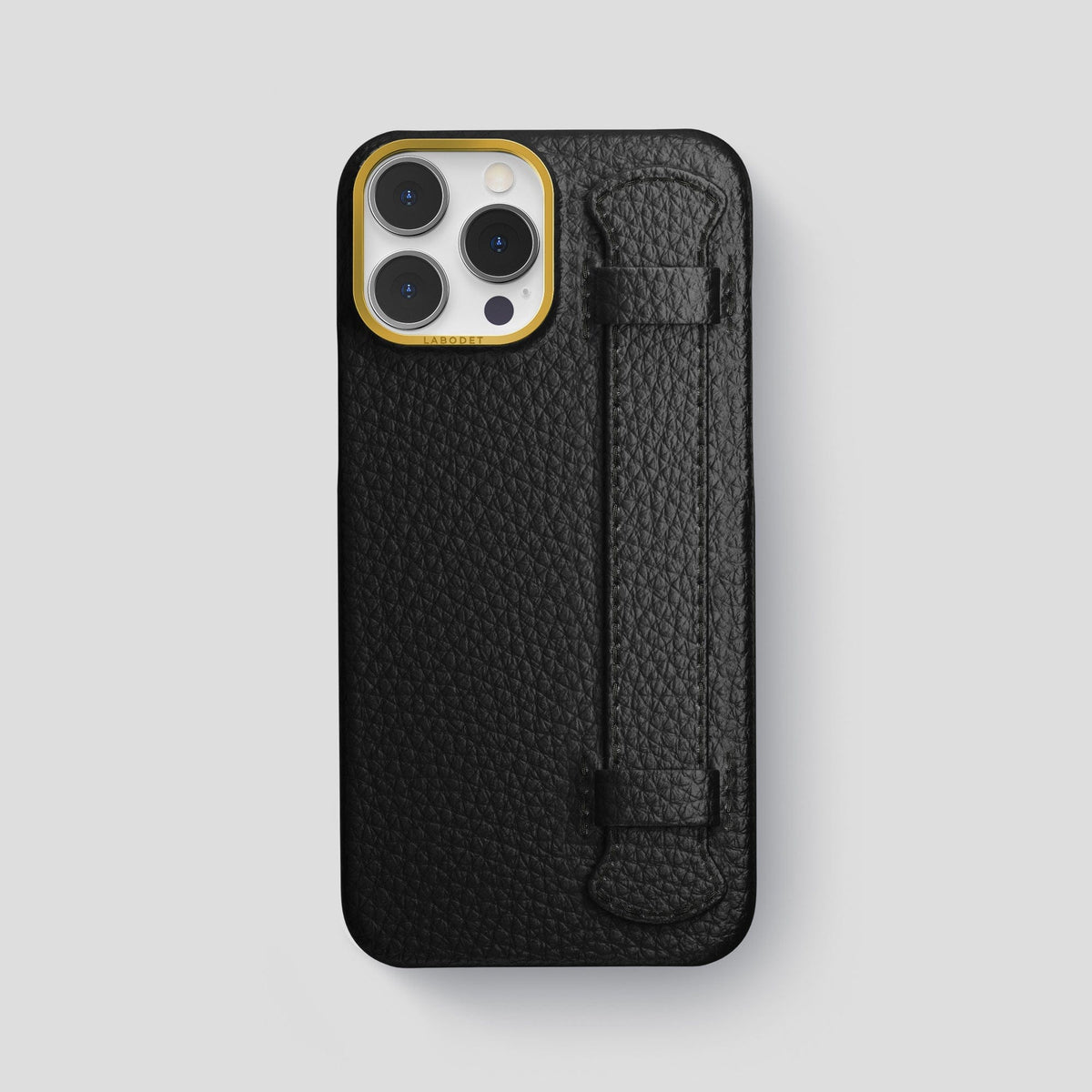 Black iPhone 15 Pro Max Strap Case Calf with Gold Metal -1 | Black-Gold