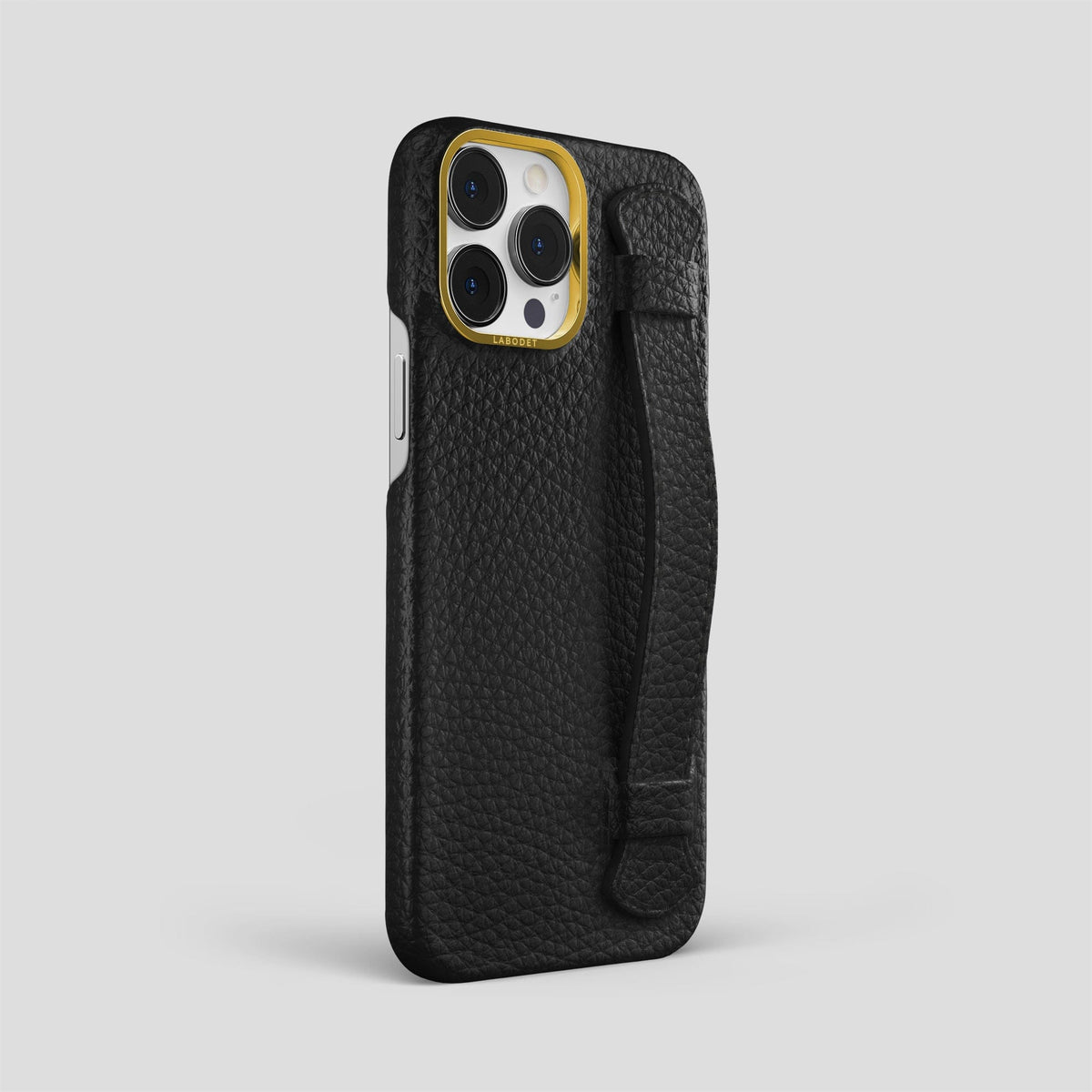 Black iPhone 15 Pro Max Strap Case Calf with Gold Metal -2 | Black-Gold