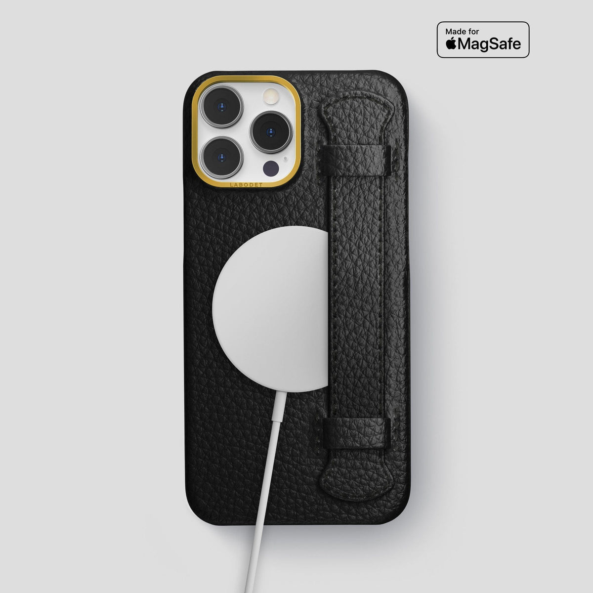 Black iPhone 15 Pro Max Strap Case Calf with Gold Metal -5 | Black-Gold