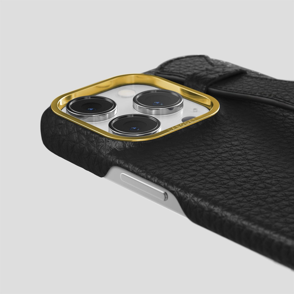 Black iPhone 15 Pro Max Strap Case Calf with Gold Metal -6 | Black-Gold