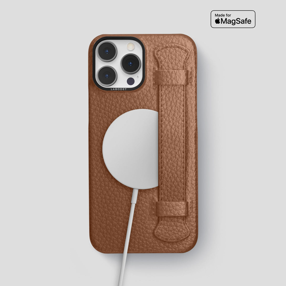 Caramel iPhone 15 Pro Max Strap Case Calf with Black Metal -5 | Caramel-Black