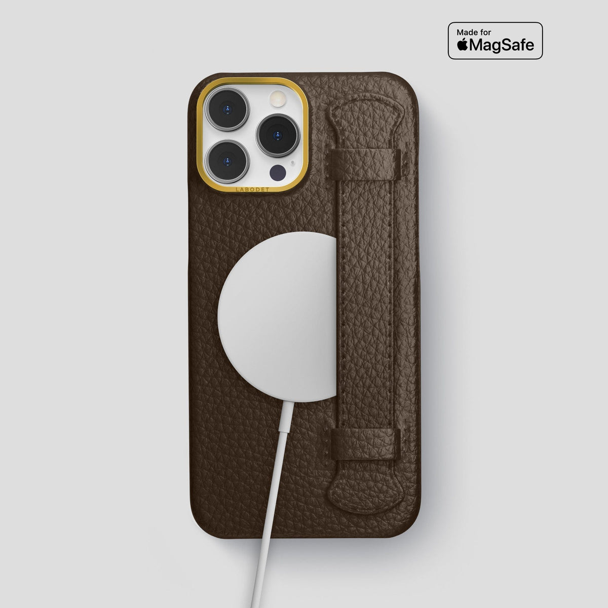 Dark Brown iPhone 15 Pro Max Strap Case Calf with Gold Metal -5 | Dark-Brown-Gold