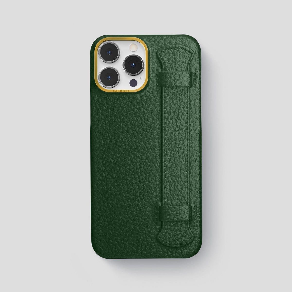 Dark Green iPhone 15 Pro Max Strap Case Calf with Gold Metal -1 | Dark-Green-Gold