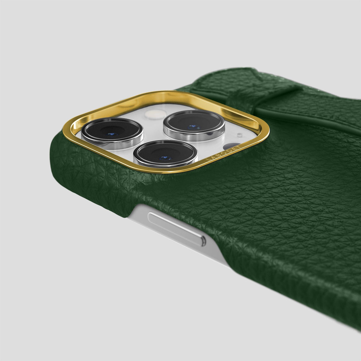 Dark Green iPhone 15 Pro Max Strap Case Calf with Gold Metal -6 | Dark-Green-Gold