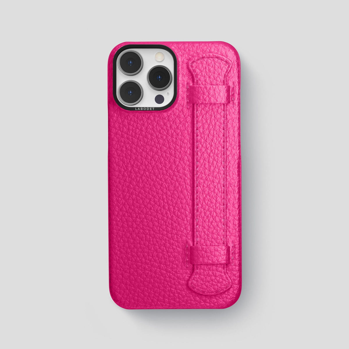 Magenta iPhone 15 Pro Max Strap Case Calf with Black Metal -1 | Magenta-Black