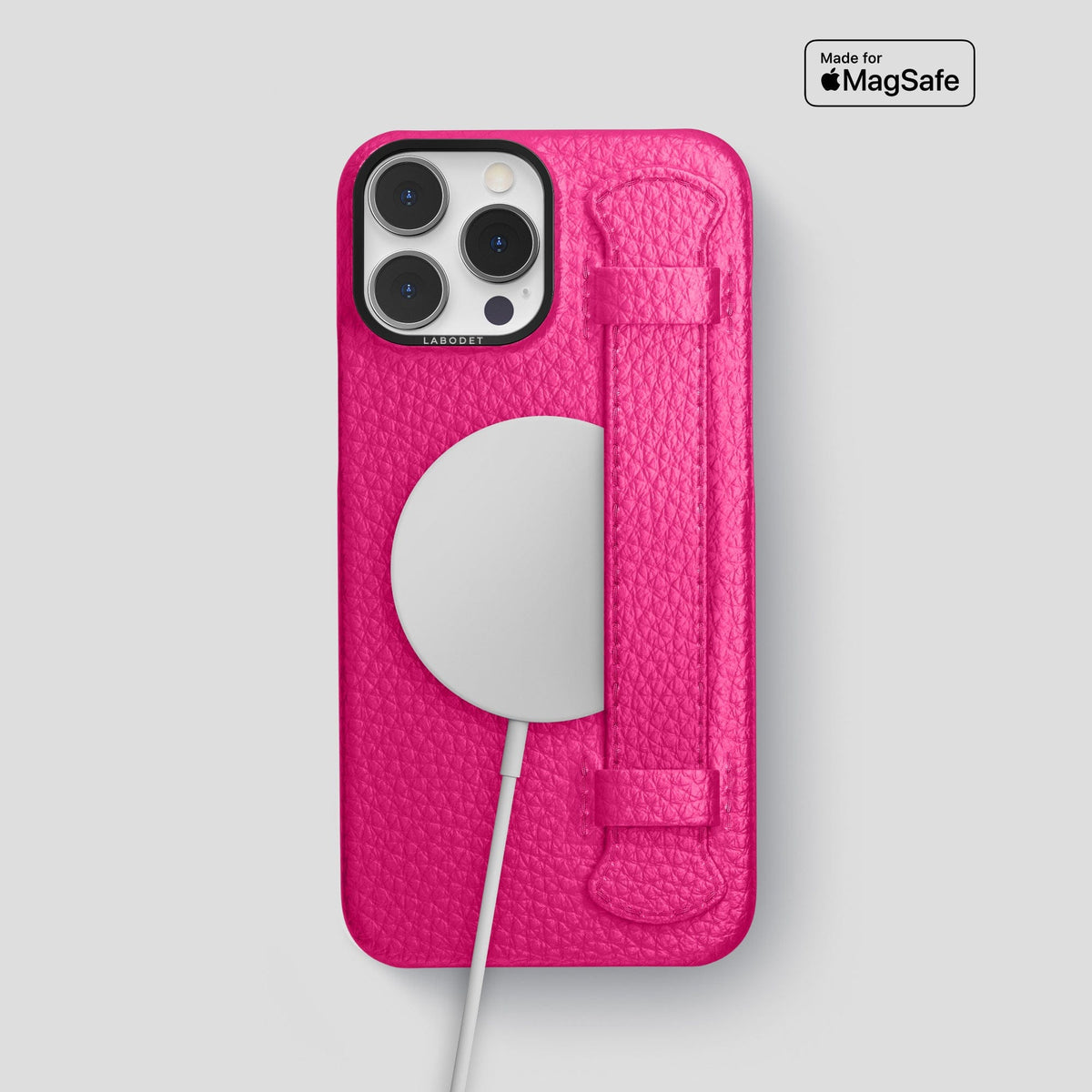 Magenta iPhone 15 Pro Max Strap Case Calf with Black Metal -5 | Magenta-Black