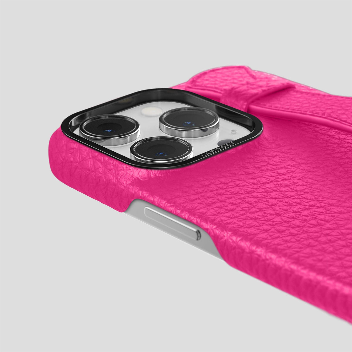 Magenta iPhone 15 Pro Max Strap Case Calf with Black Metal -6 | Magenta-Black