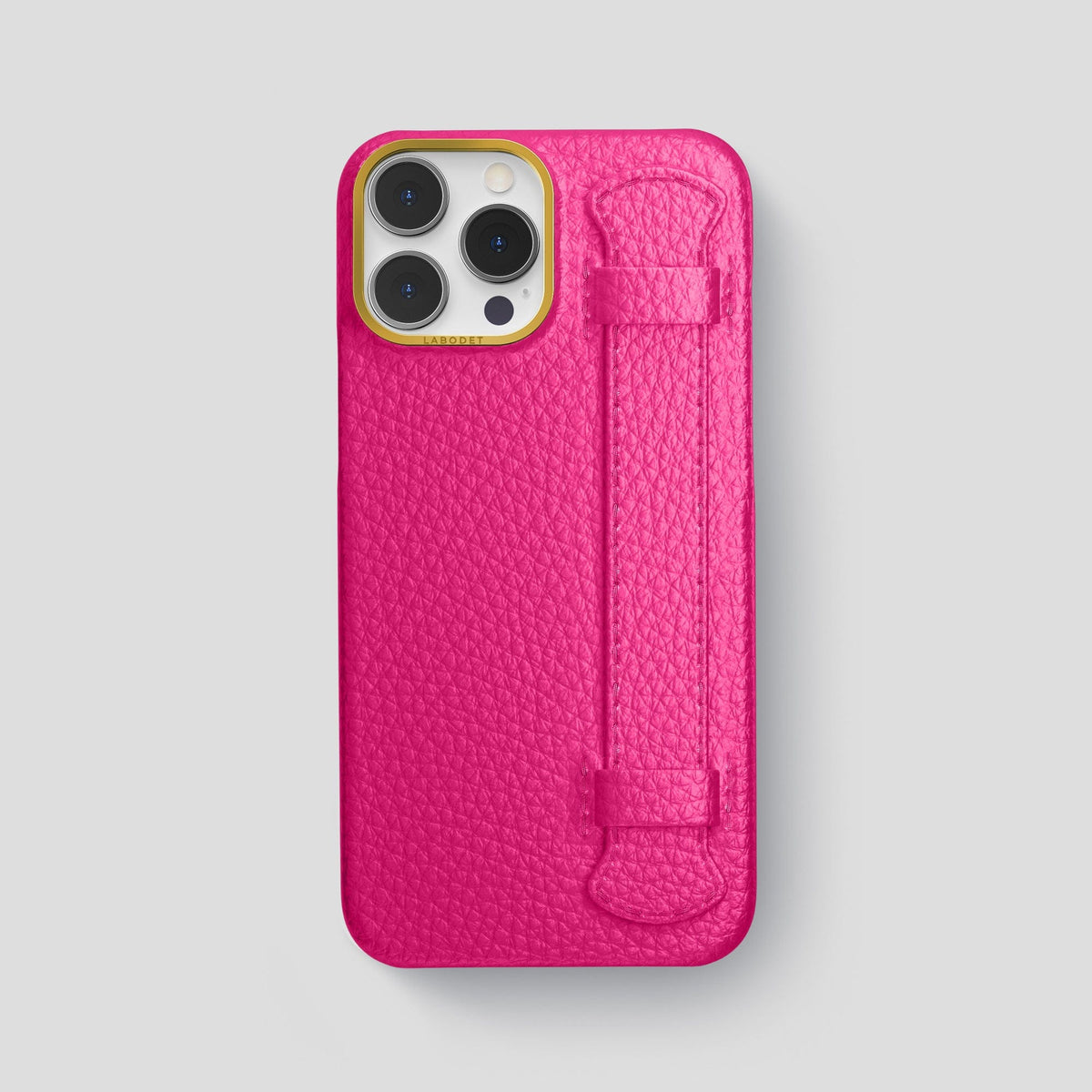 Magenta iPhone 15 Pro Max Strap Case Calf with Gold Metal -1 | Magenta-Gold