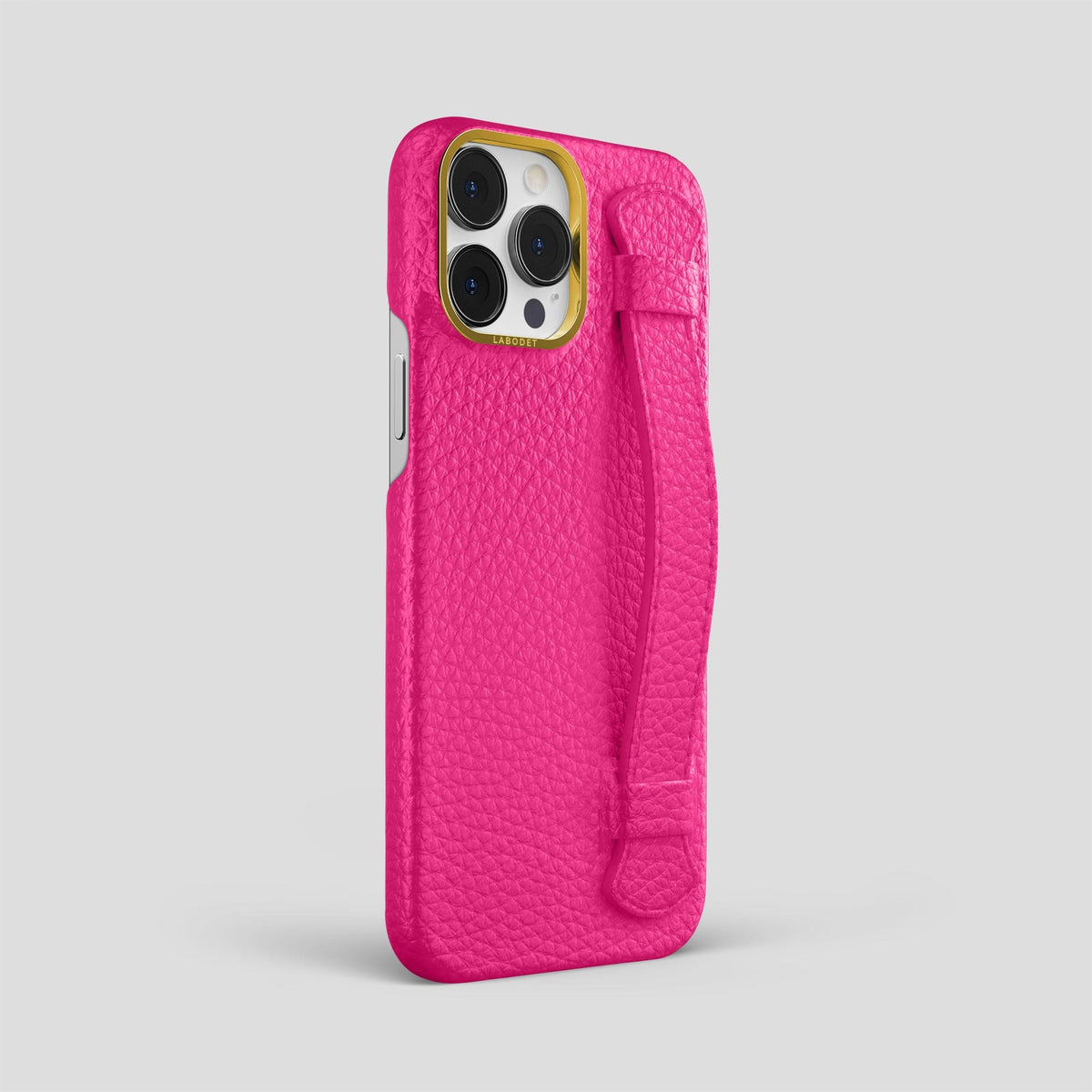 Magenta iPhone 15 Pro Max Strap Case Calf with Gold Metal -2 | Magenta-Gold