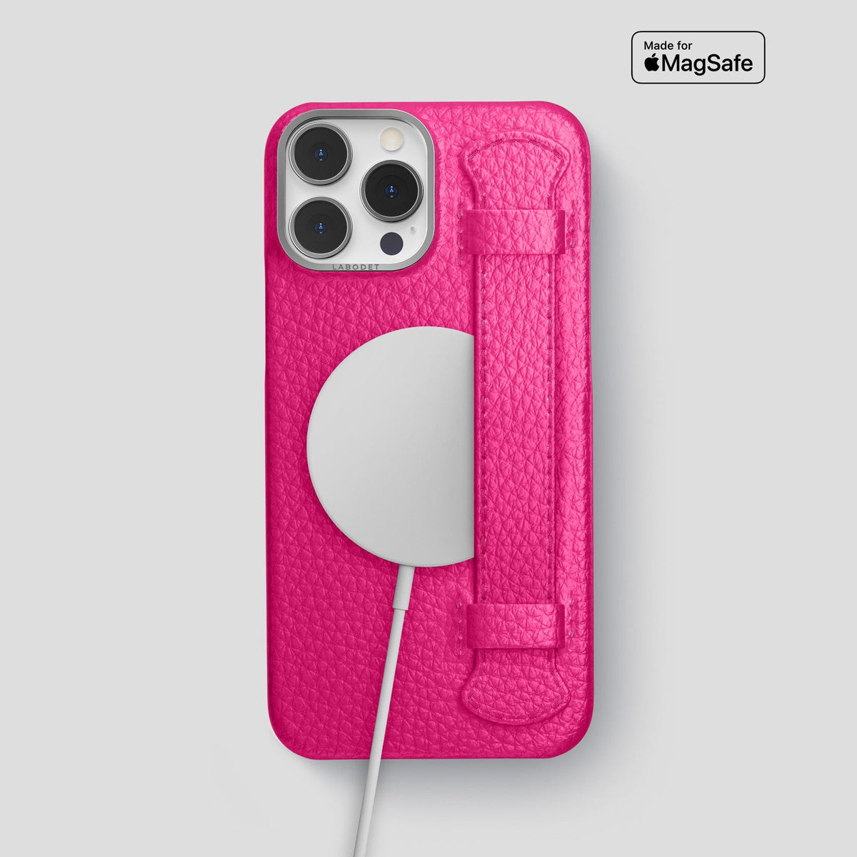 Magenta iPhone 15 Pro Max Strap Case Calf with Steel Metal -5 | Magenta-Steel