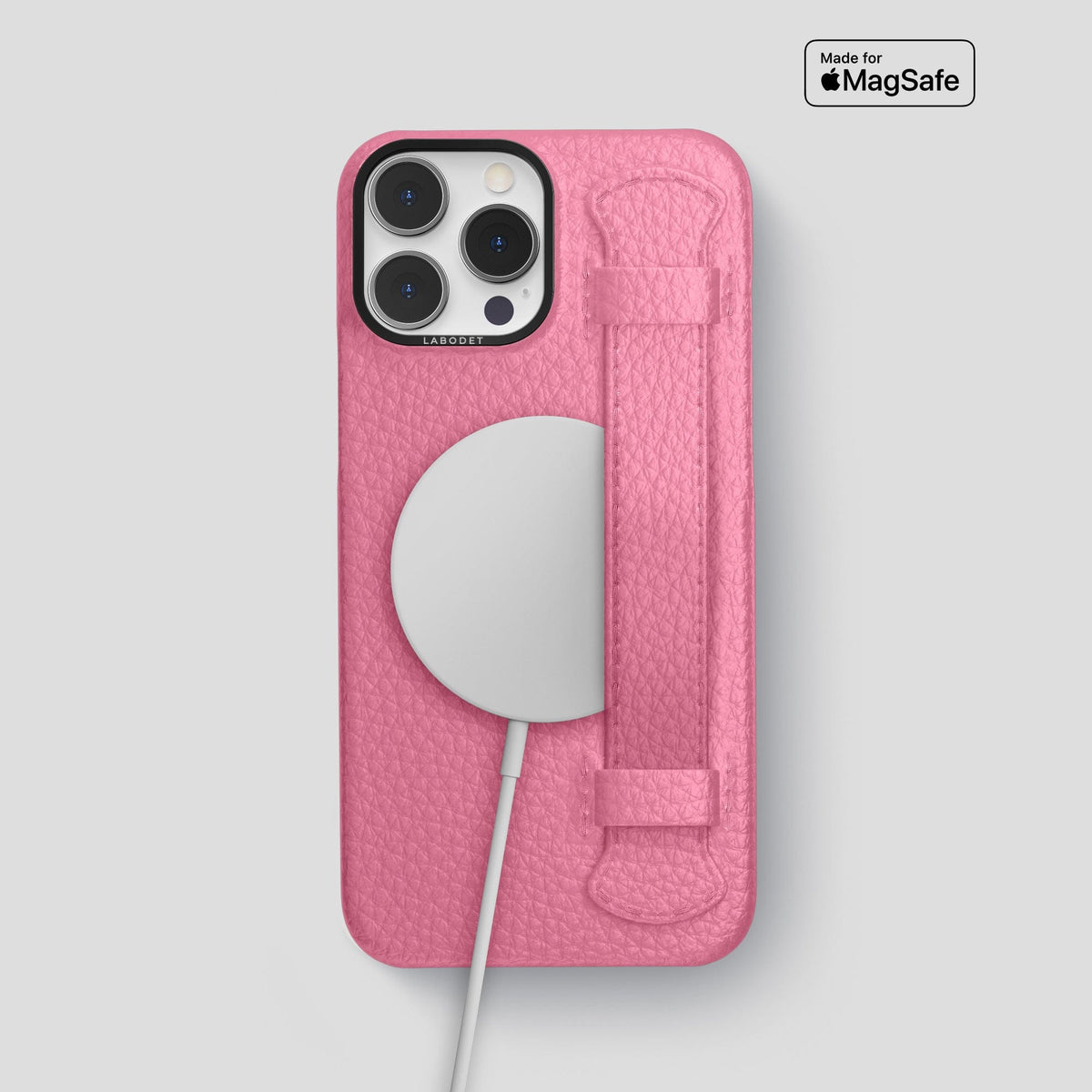 Pink iPhone 15 Pro Max Strap Case Calf with Black Metal -5 | Pink-Black