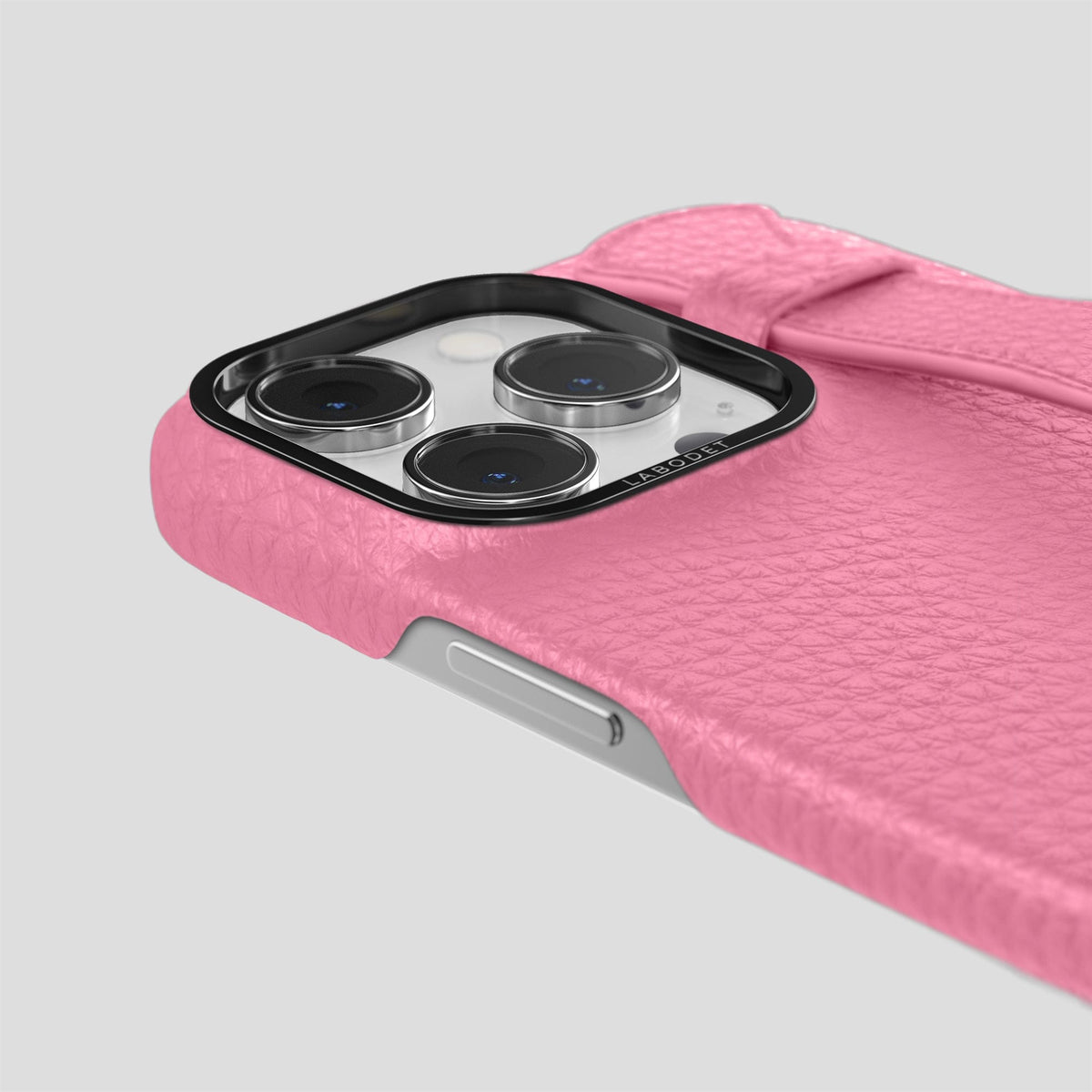 Pink iPhone 15 Pro Max Strap Case Calf with Black Metal -6 | Pink-Black